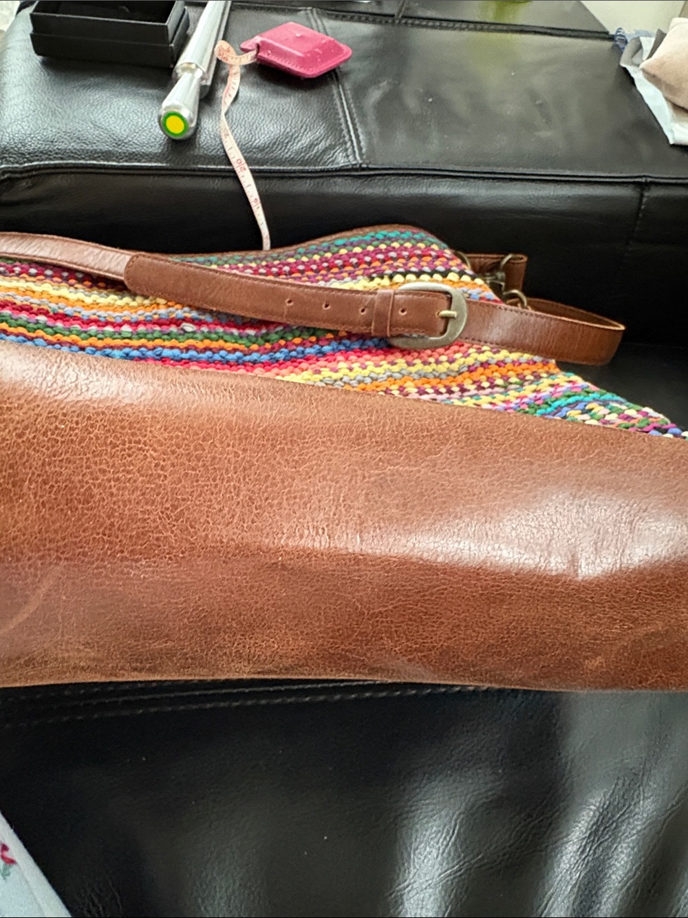 Large Jute And Cotton Multicolor Crochet Shoulder Bag with Brown Leather Trim - Picture 6 of 14